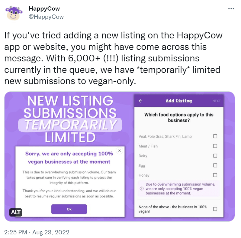 A tweet from HappyCow, providing a product update to followers regarding submissions.
